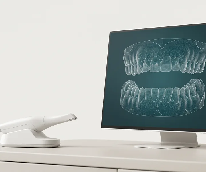 Escáner intraoral y la arcada digital en pantalla